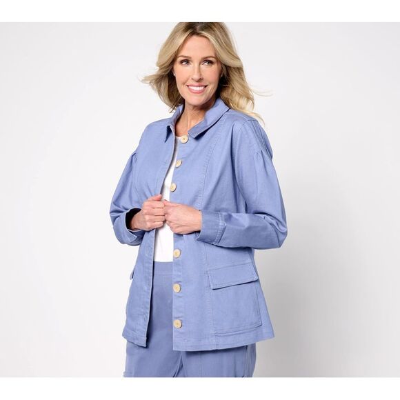 Anybody Women's Petite Jacket PL Stretch Twill Utility with Pockets Blue A636361 - Picture 1 of 4